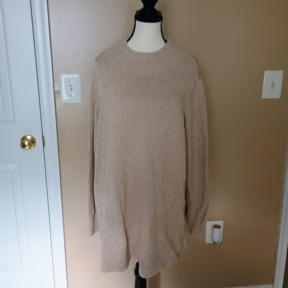 QVC-JOAN RIVERS MOCK NECK TURTLENECK SWING SWEATER-OATMEAL-SIDE SLIT-SO SO